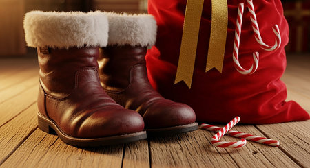 Santa Claus boots and christmas candy cane on wooden floor, close upの素材