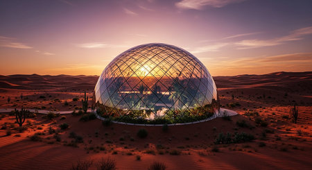 3d render of a glass dome in the desert at sunset.の素材