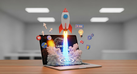 Startup concept with rocket and icons flying out of laptop screen 3D renderingの素材