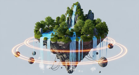 Eco concept with green planet and waterfalls. 3d renderingの素材