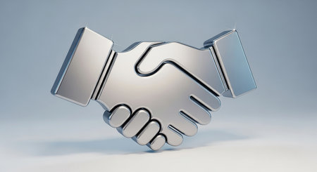3D handshake icon on white background. Metallic 3D rendering.の素材