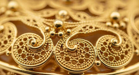 Close-up of a gold jewelry box with lace and pearlsの素材