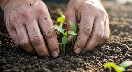 Close-up of hands of a man planting a seedling in the groundの素材