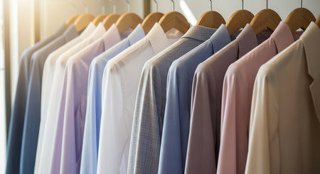Men's shirts on hangers in a row. Selective focus.の素材