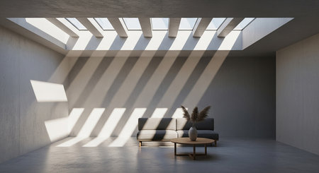 Interior of modern bright living room with gray walls, concrete floor, white sofa and round coffee table. 3d renderingの素材