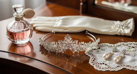 Wedding accessories on the table. Bridal accessories. Bridal accessoriesの素材