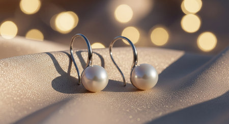 Pearl earrings on satin cloth with bokeh backgroundの素材