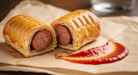 Sausage in puff pastry with ketchup on a baking paperの素材
