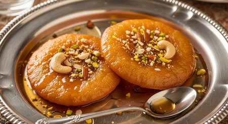 Indian Traditional Sweet Food Halwa or Halwa made using sweet condensed Milk, garnished with Pistachio and Cumin Seeds.の素材