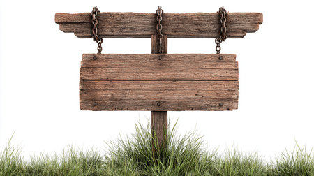 Wooden signboard in grass isolated on white background with clipping pathの素材