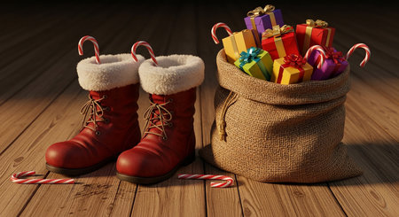 Christmas and New Year concept. Santa Claus boots with gifts and candy canesの素材