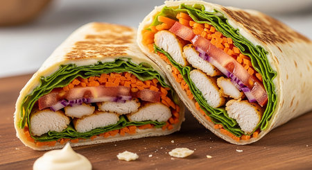 tortilla wrap with chicken fillet and vegetables on wooden tableの素材