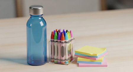 Crayons in a glass vase and a sticky note on the tableの素材