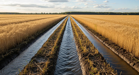 Panoramic view of a canal passing through a wheat field.の素材