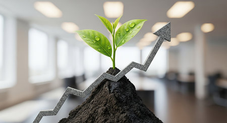 Green sprout growing from soil with growing graph on blurred office backgroundの素材