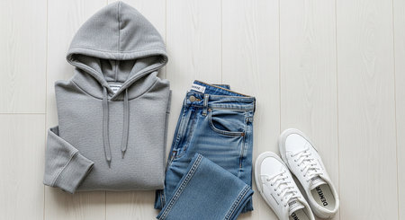 Outfit of traveler, student, teenager, young woman or guy on wooden background.の素材