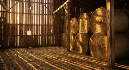 Hay bales in barn with sunbeams shining through the branchesの素材