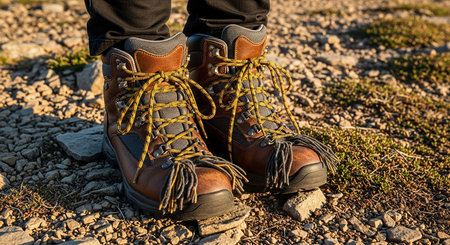 Hiking boots on the ground. Hiking boots on the trailの素材