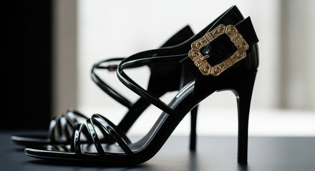 Black high heel shoes on a black table in a room with a windowの素材
