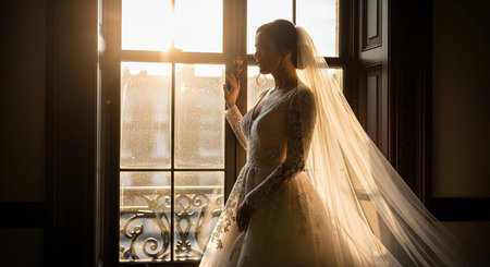 Beautiful blonde bride in wedding dress posing near window at morning.の素材
