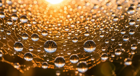 Water drops on a spider web in the rays of the setting sunの素材