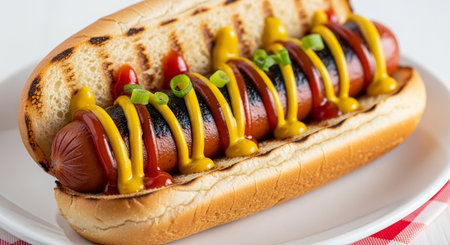Grilled hot dog with mustard and ketchup on a white plateの素材