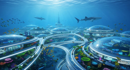 Underwater world. 3D render of underwater world with fishes and sharksの素材