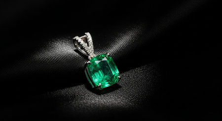 Emerald pendant on a black background. Jewelry photo.の素材