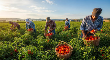 Group of farmers harvesting tomatoes on a field in summer, harvest timeの素材
