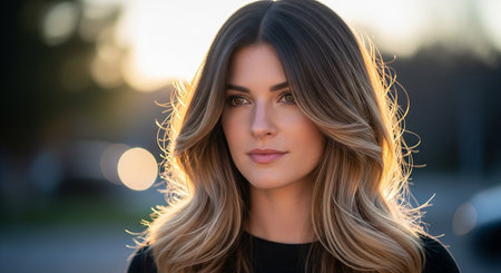 Portrait of a beautiful young woman with long wavy hair.の素材