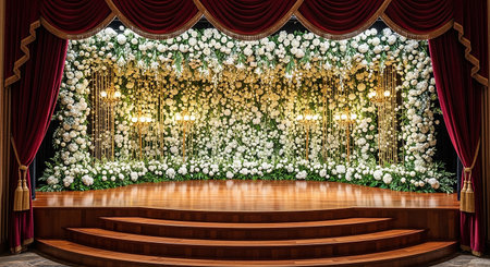 Interior of the wedding hall decorated with white flowers. 3D renderingの素材