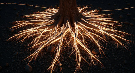 Tree roots on the ground. 3d rendering. Computer digital drawing.の素材