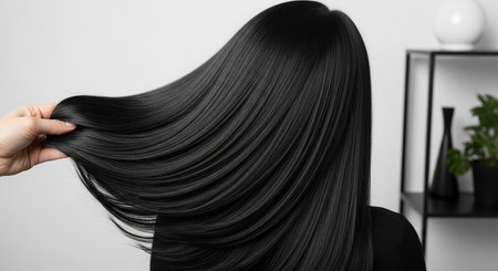 Woman holding black hair on grey background, closeup. Hair care conceptの素材