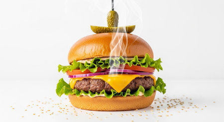 Hamburger with smoke on a white background. Close-up.の素材