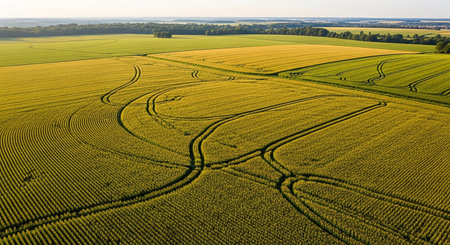 Aerial view of agricultural field with tractor tracks in summer sunny dayの素材