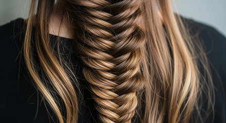 close-up of a girl's hair braided in pigtailsの素材