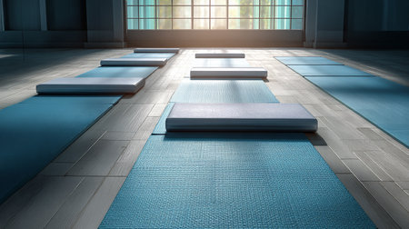 3d rendering of a yoga class in a gym with blue matsの素材