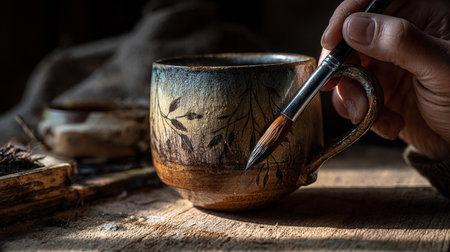 Hand with a brush and a cup of coffee on a wooden tableの素材