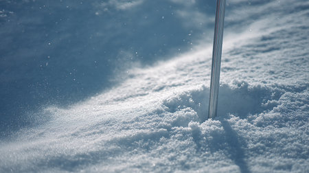 Closeup of a ski stick in deep snow. Winter background.の素材