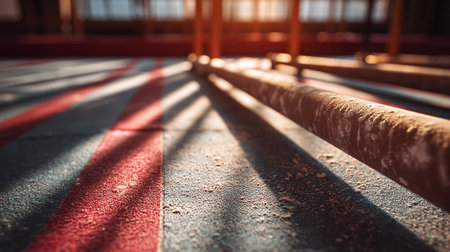 Close-up of red and white lines on the floor of a stadiumの素材