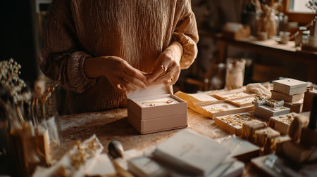 Close-up of female hands making jewelry box in workshop. Cropped shot of female hands making jewelry.の素材
