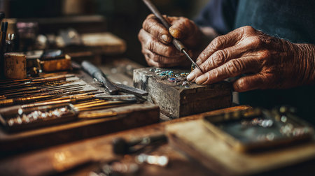 Close-up of an old man working with metal in his workshopの素材
