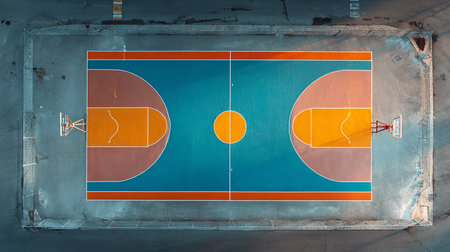 Top view of empty basketball court with blue and orange floor and concrete wallの素材