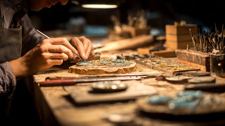 Jeweler working in his workshop, making jewelry. Selective focus.の素材