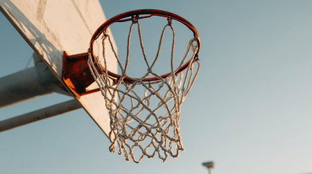 Basketball hoop and net on blue sky background. Close up.の素材