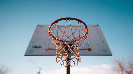 Basketball hoop on blue sky background. Close-up view.の素材
