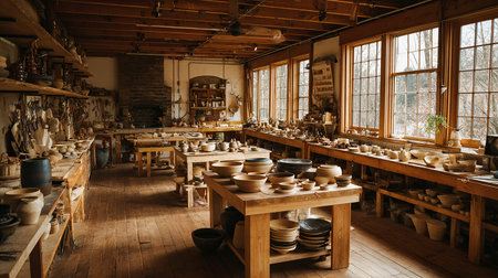 Vintage pottery workshop interior. Ceramic tableware in a pottery workshopの素材