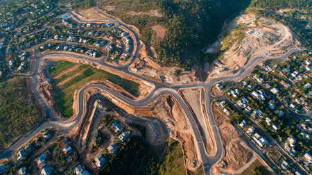 Aerial city view with crossroads and roads, houses, buildings, parks and parking lots. Helicopter drone shot. Wide Panoramic image.の素材
