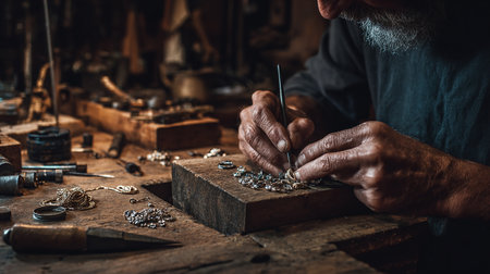 Close-up of a craftsman working on a piece of wood in his workshopの素材