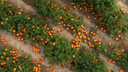 Aerial view of orange pumpkins growing on the field in autumnの素材